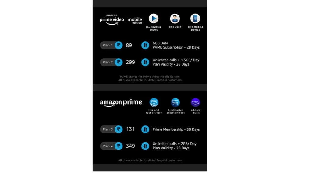Airtel launches Rs 89, Rs 131, and Rs 299 Prime Video Mobile Edition