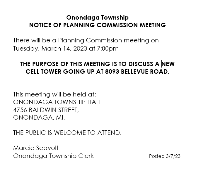 NOTICE OF PLANNING COMMISSION MEETING Onondaga Township