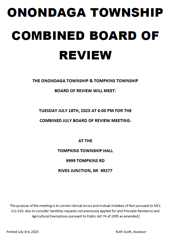 Notice of Combined Board of Review Onondaga Township