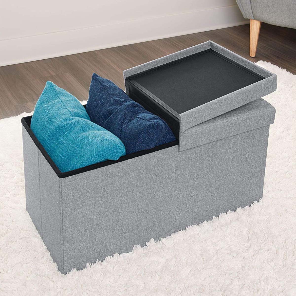 Banc coffre de rangement en tissu gris Résistant et pliable 2 places