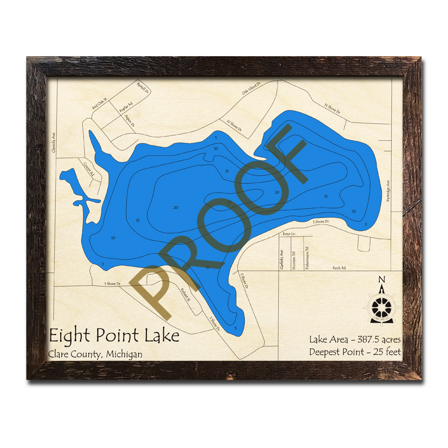 Eight Point Lake, MI 3D Wood Topo Map