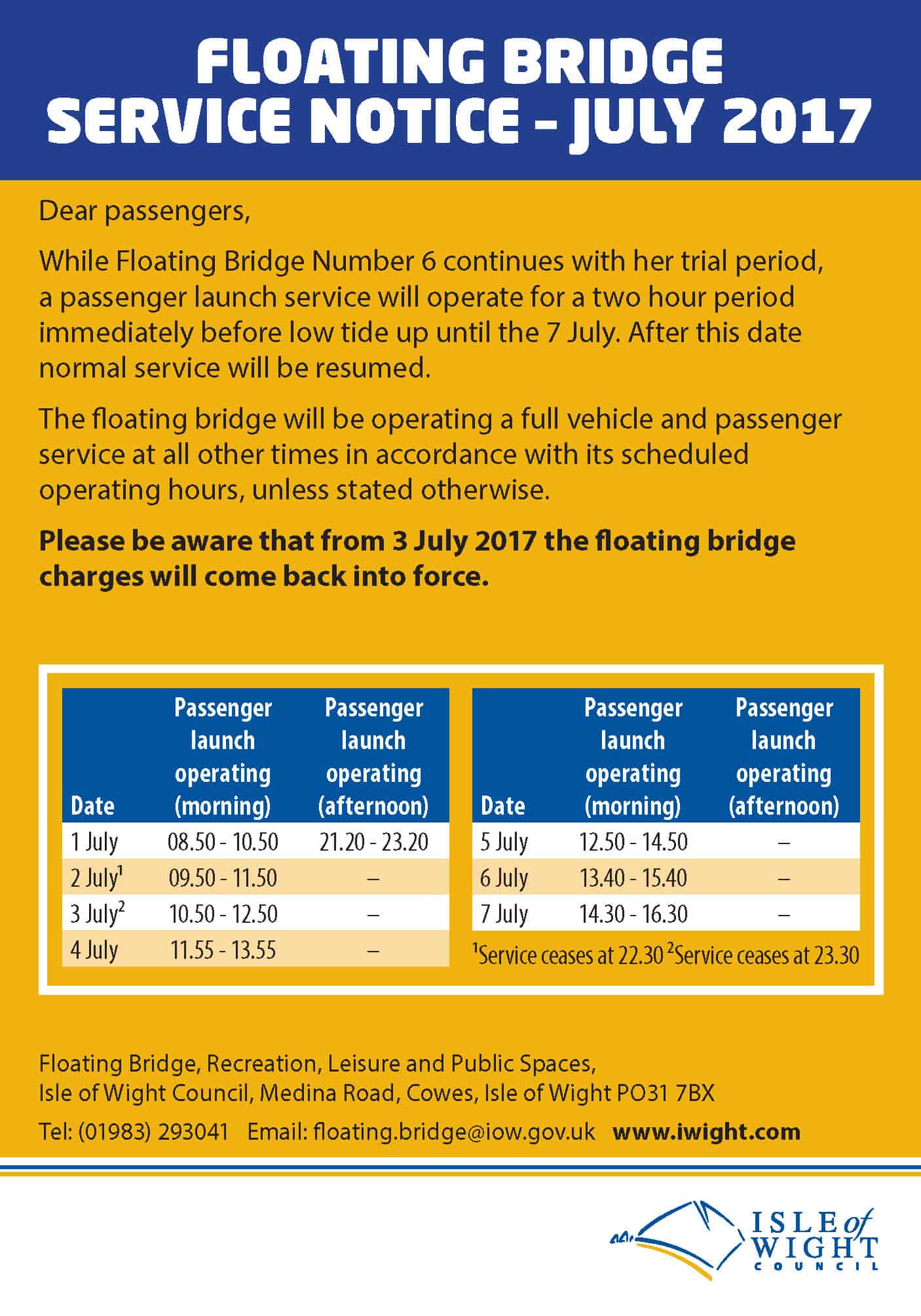 Floating Bridge Lowtide timetable continues into July