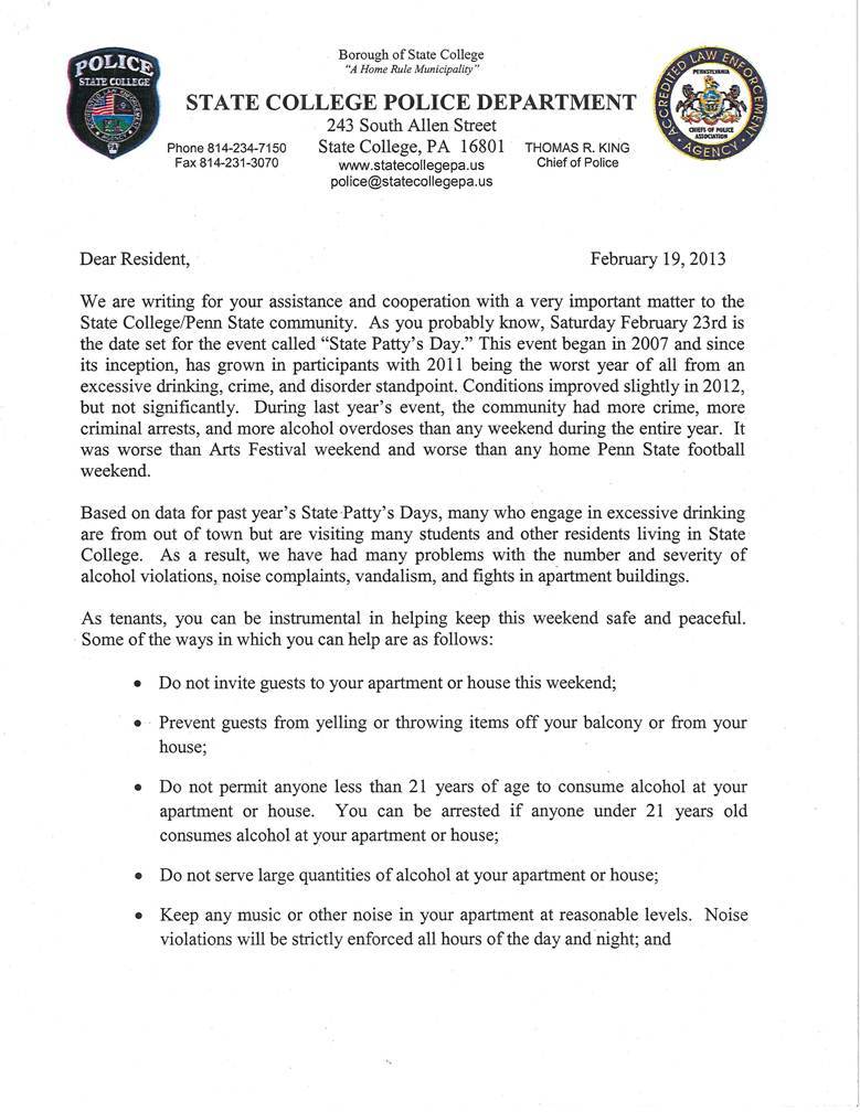 Police Chief Tom King's Letter to Apartments Onward State