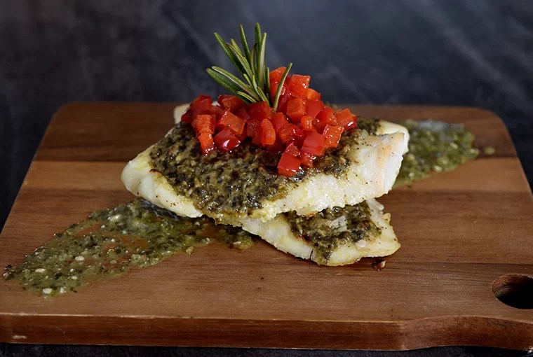 Baked whitefish with Parmesan, pesto, and red peppers Ontario OUT of