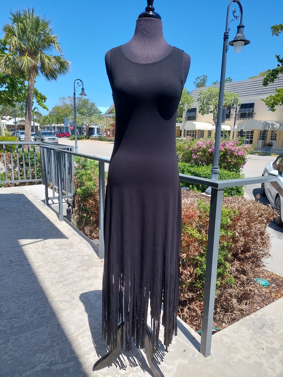 Zen Knits KM1609 Solid Black Sleeveless Maxi Dress with Fringe Ooh
