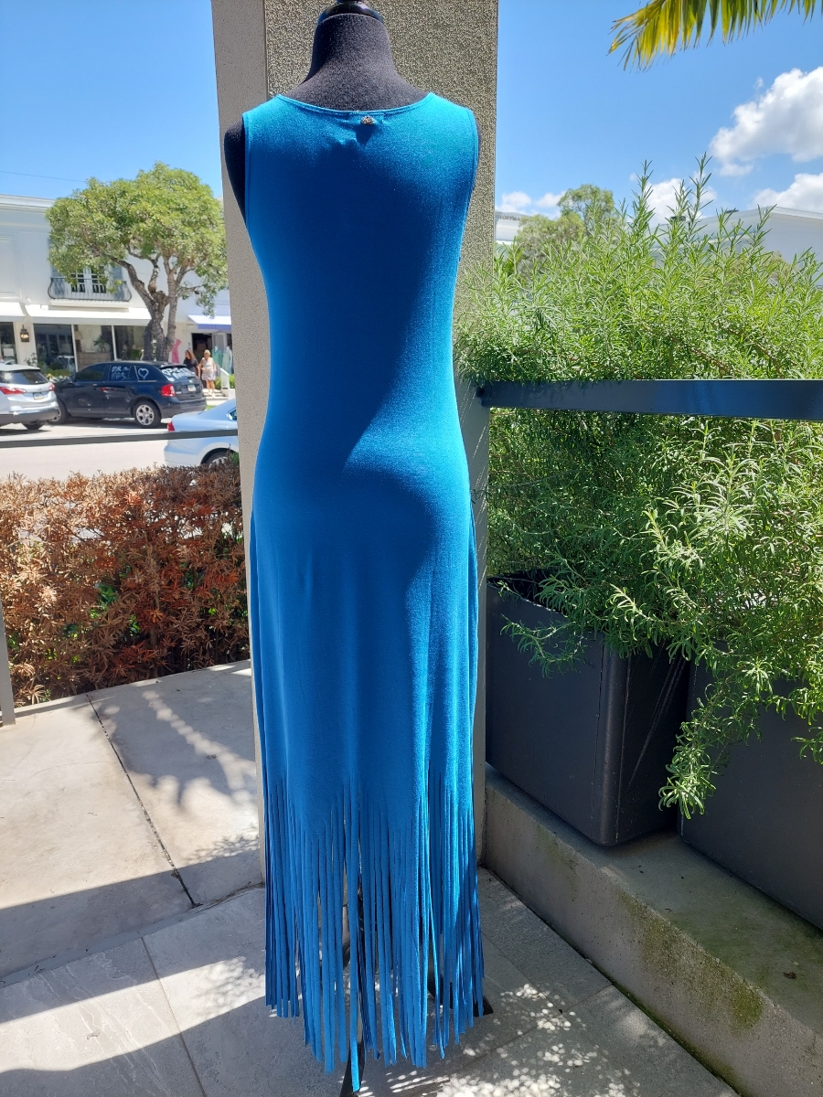 Zen Knits KM1609 Solid Royal Sleeveless Maxi Dress with Fringe Ooh