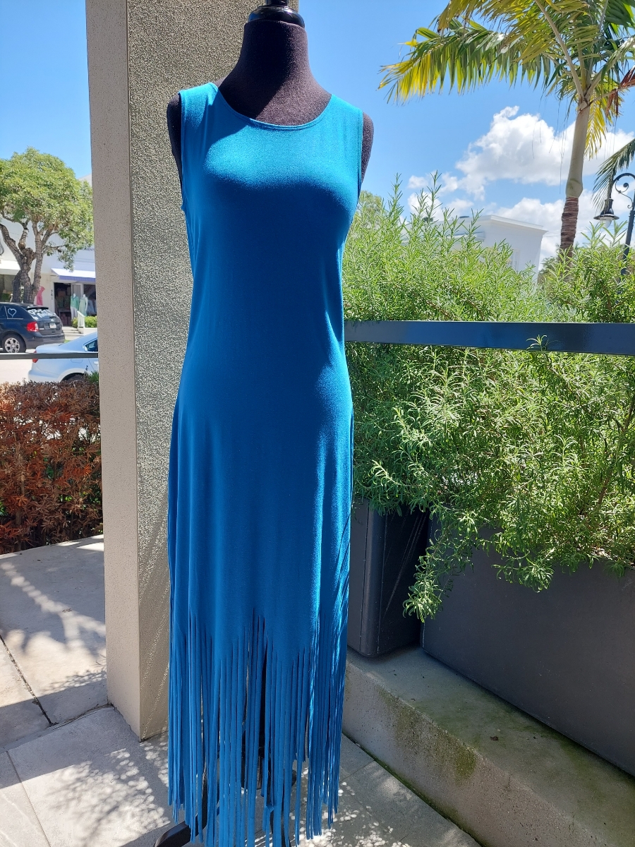 Zen Knits KM1609 Solid Royal Sleeveless Maxi Dress with Fringe Ooh