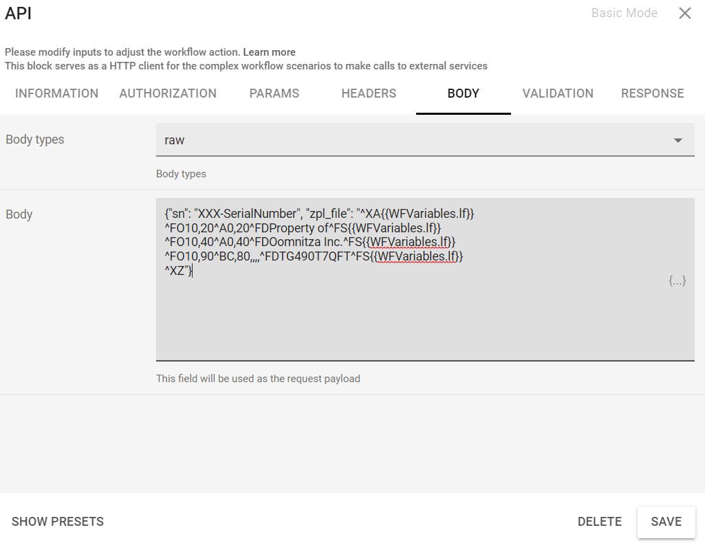 Creating workflows with the Zebra Send File to Printer API Oomnitza