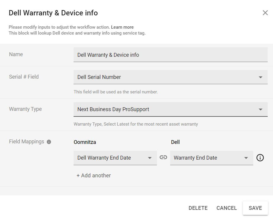 Dell warranty and device information block Oomnitza Documentation