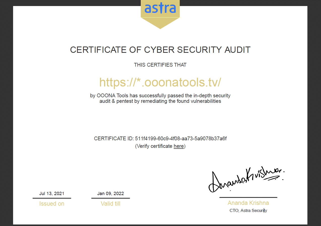 CERTIFICATE OF CYBER SECURITY AUDIT OOONA