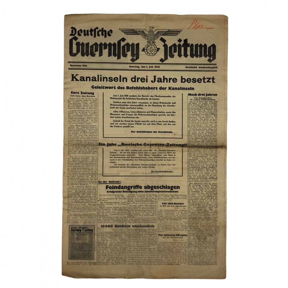 Original WWII German 'Deutsche Guernsey Zeitung' 3 July 1943