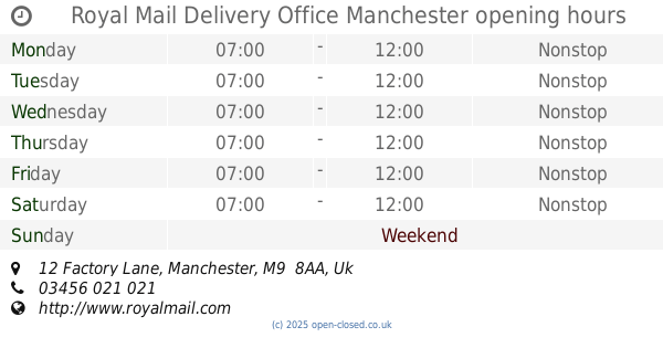 Royal Mail Delivery Office Manchester opening times, 12 Factory Lane