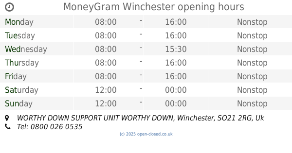 MoneyGram Winchester opening times, WORTHY DOWN SUPPORT UNIT WORTHY DOWN