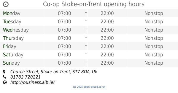 Coop StokeonTrent opening times, Church Street