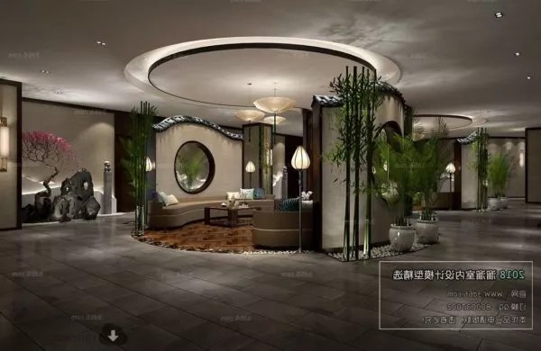 Asian Style Hotel Hall Interior Scene 3d Model .Max, .Vray