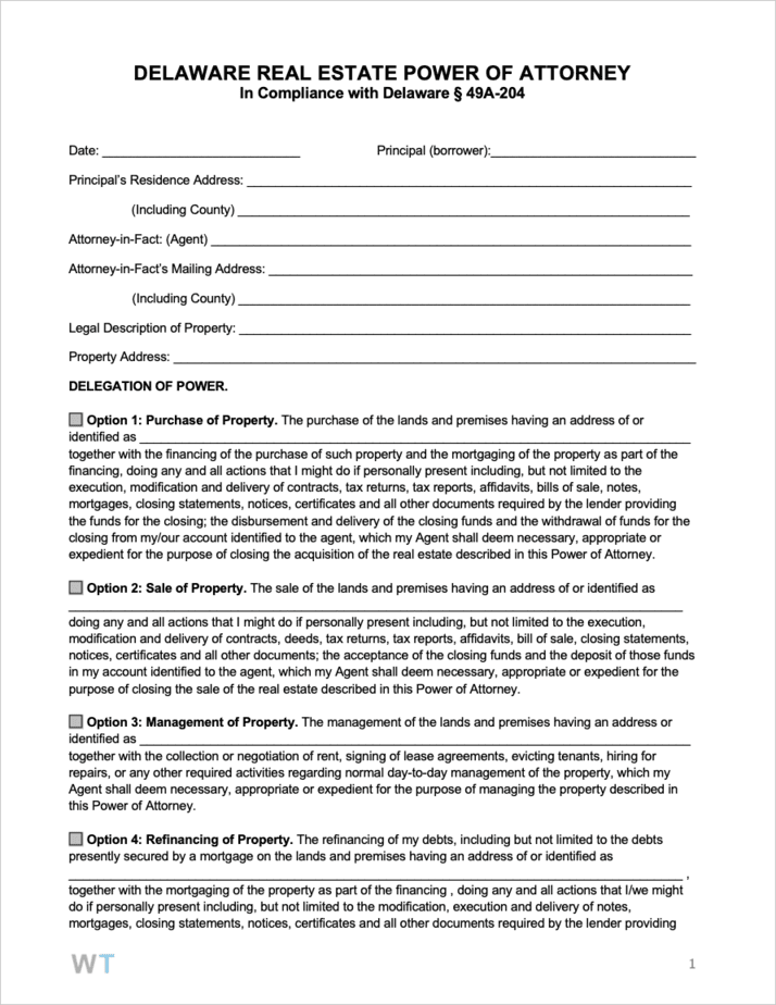 Free Delaware Real Estate (Property) Power of Attorney Form PDF WORD
