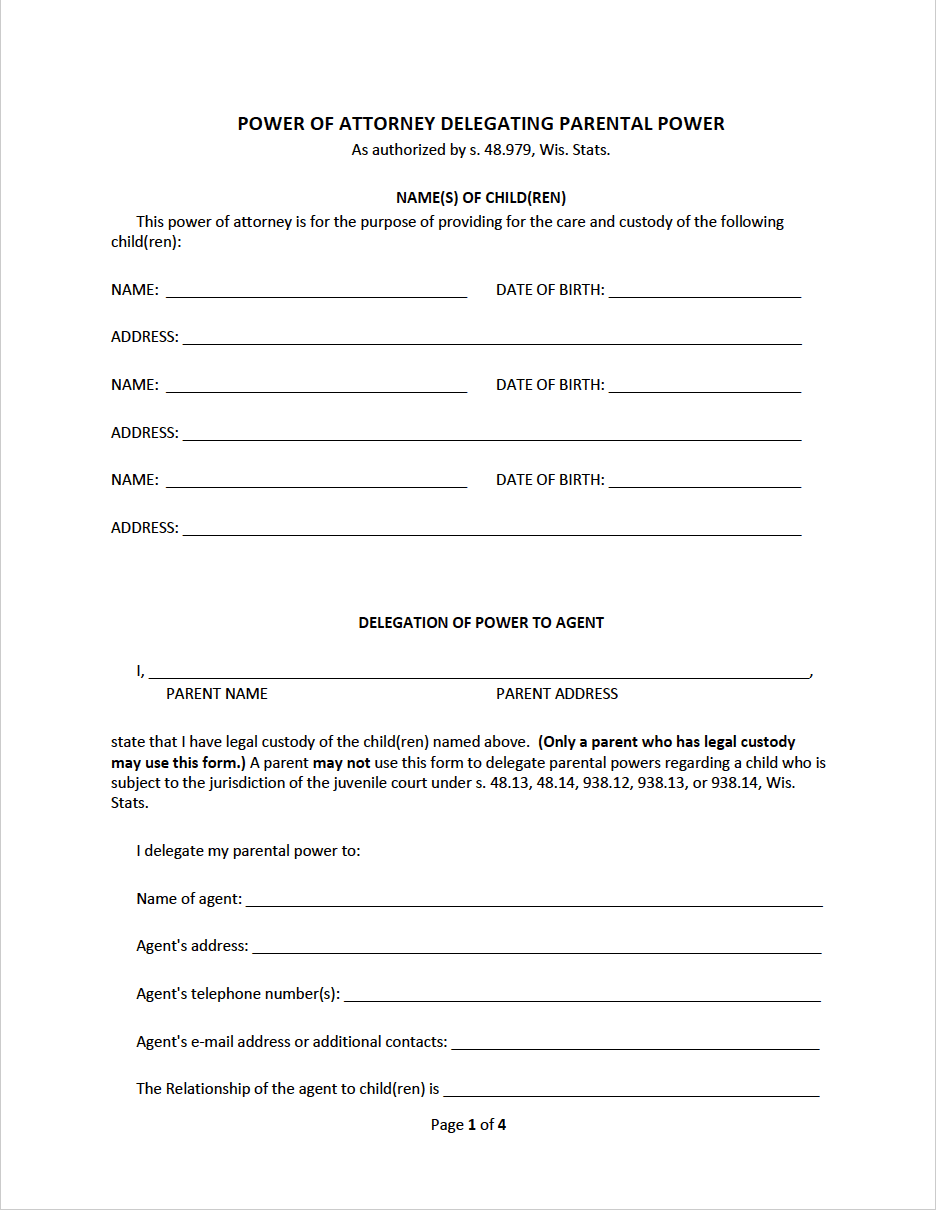 Free Wisconsin Minor Child Power of Attorney Form PDF WORD