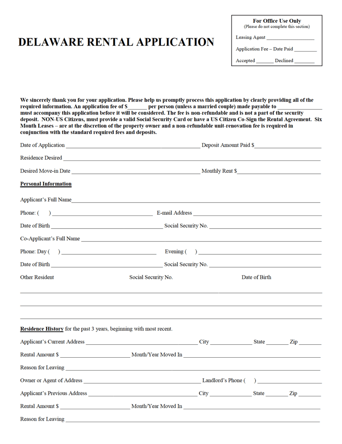 Free Delaware Rental Application PDF