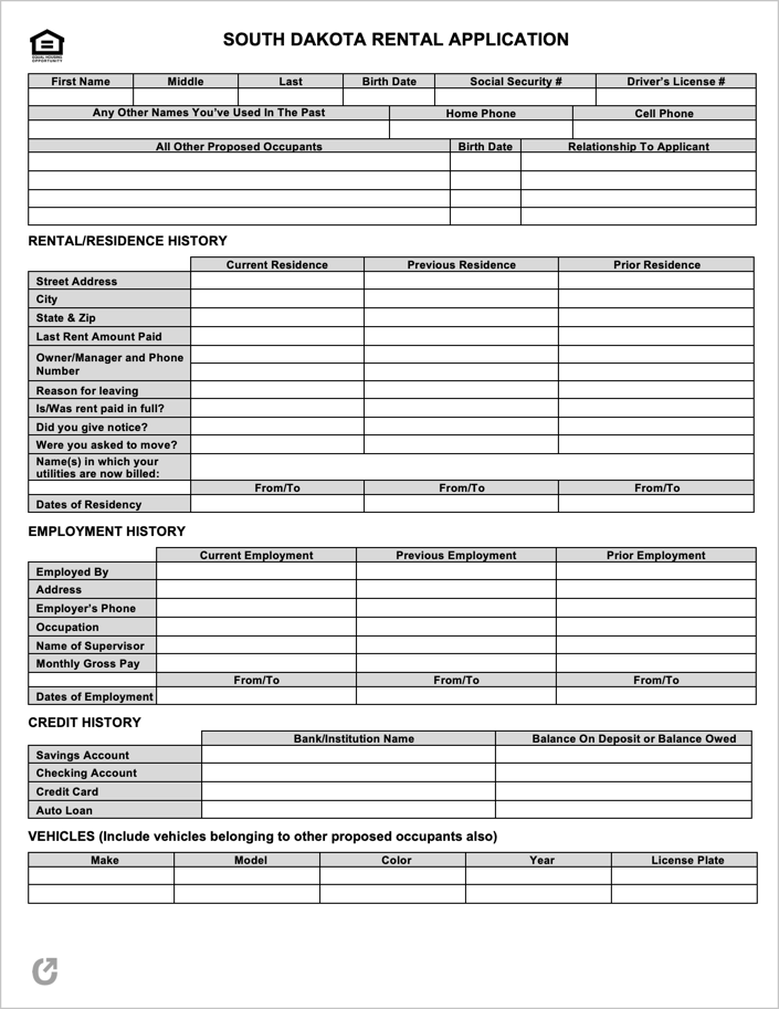 Free South Dakota Rental Application PDF WORD RTF