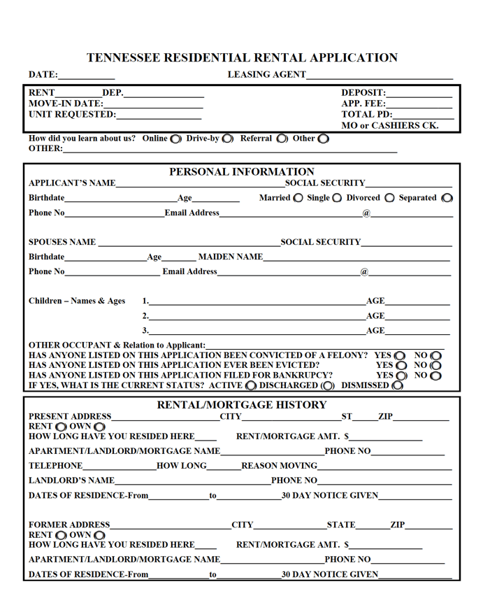 Free Tennessee Rental Application PDF