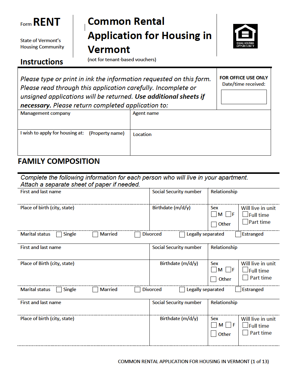 Free Vermont Rental Application PDF