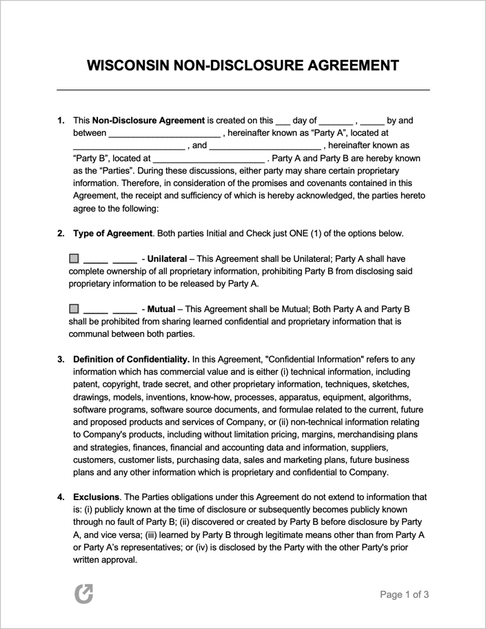 Free Wisconsin NonDisclosure Agreement Template PDF WORD RTF