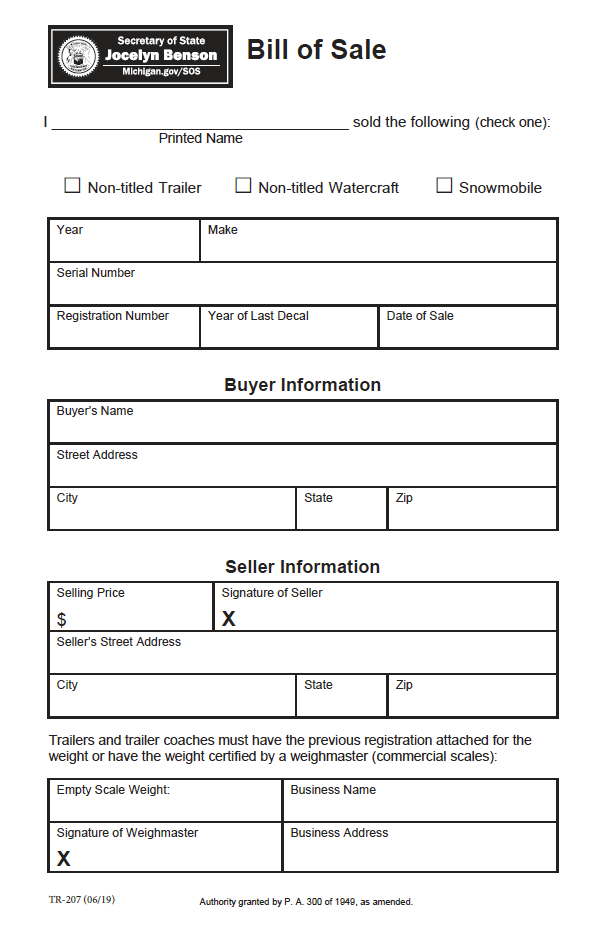Free Michigan Trailer Bill of Sale Form PDF