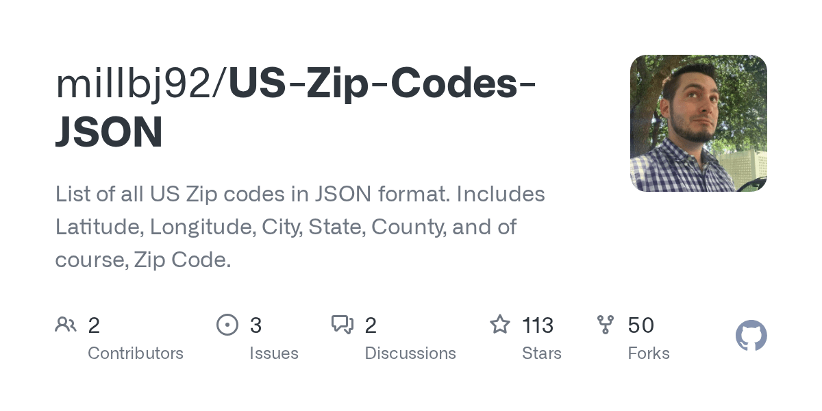 GitHub millbj92/USZipCodesJSON List of all US Zip codes in JSON