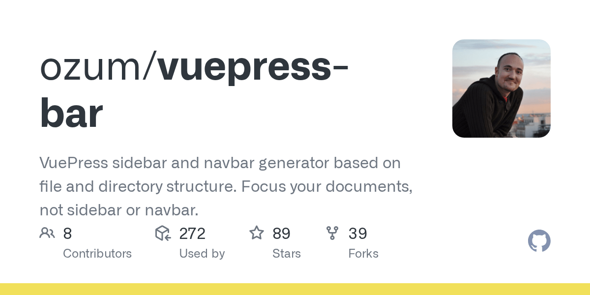 GitHub ozum/vuepressbar VuePress sidebar and navbar generator based