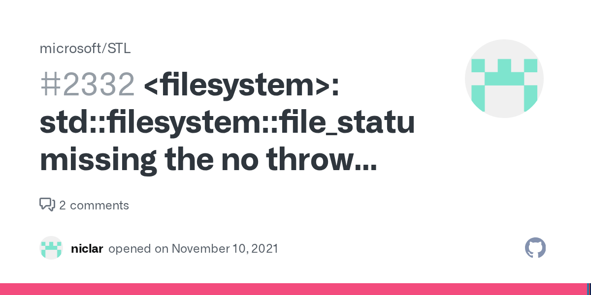  stdfilesystemfile_status missing the no throw constructor · Issue