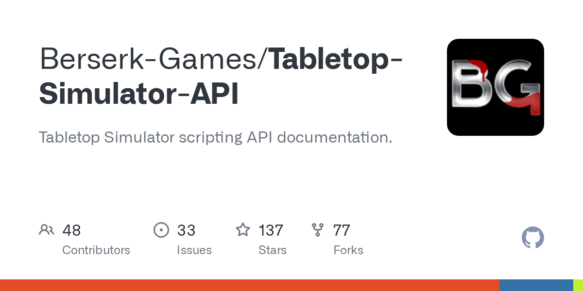 GitHub BerserkGames/TabletopSimulatorAPI Tabletop Simulator scripting API documentation.