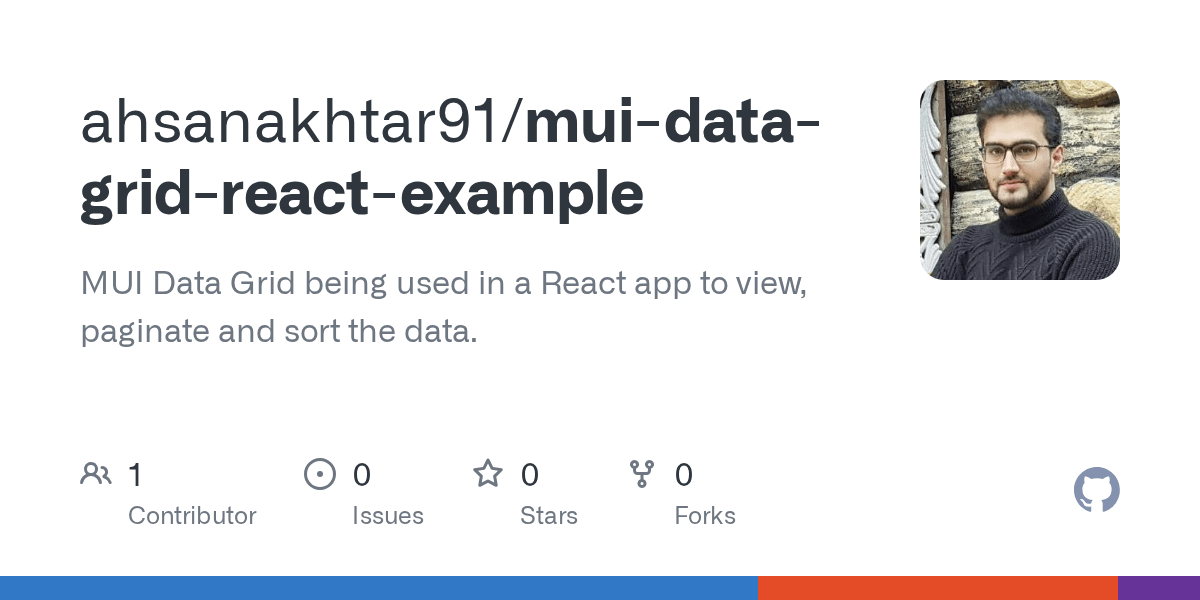 GitHub ahsanakhtar91/muidatagridreactexample MUI Data Grid being used in a React app to
