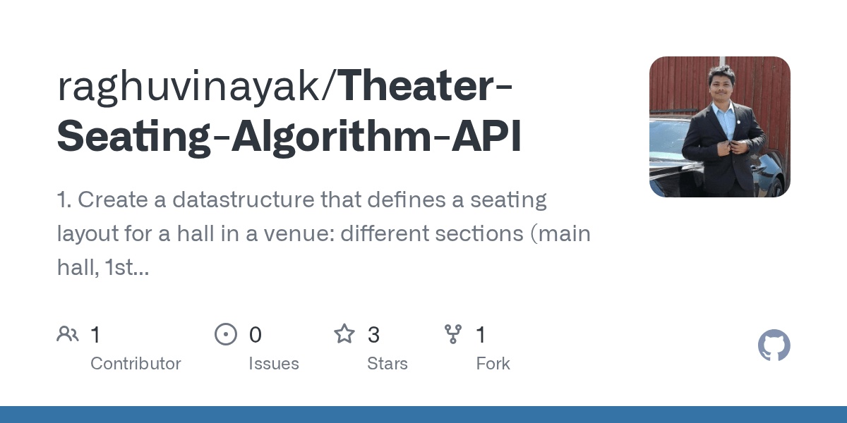 GitHub raghuvinayak/TheaterSeatingAlgorithmAPI 1. Create a
