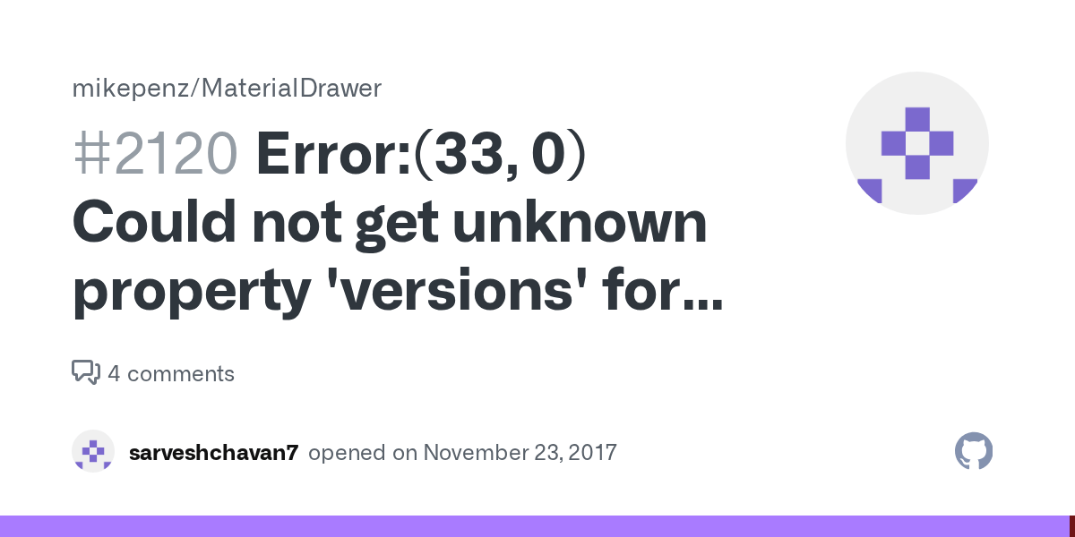 Error(33, 0) Could not get unknown property 'versions' for object of