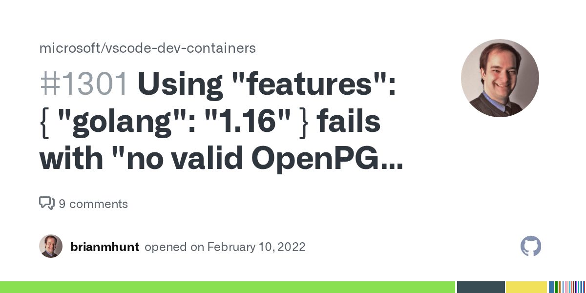 Using "features" { "golang" "1.16" } fails with "no valid OpenPGP