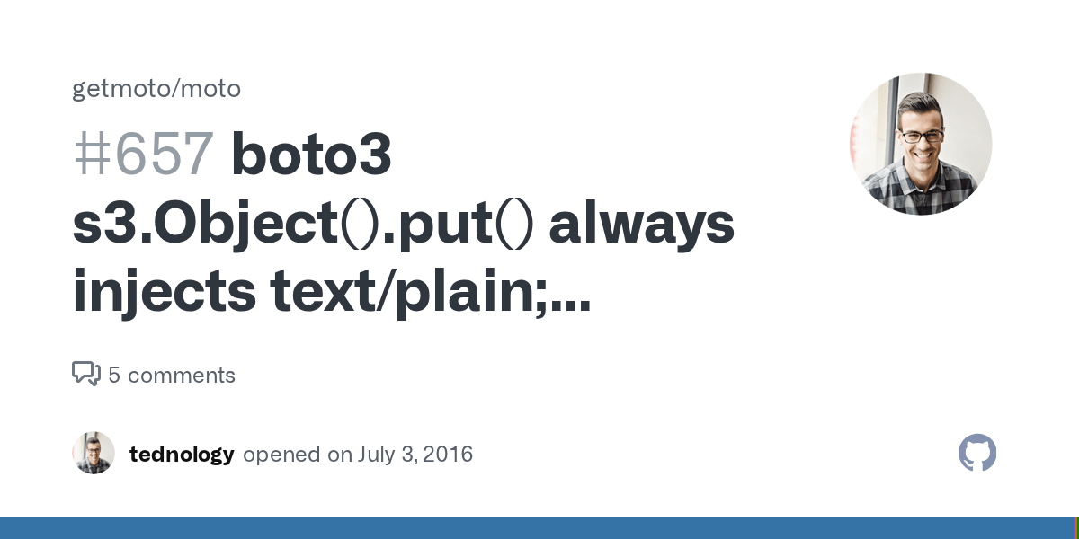 boto3 s3.Object().put() always injects text/plain; charset=utf8' into