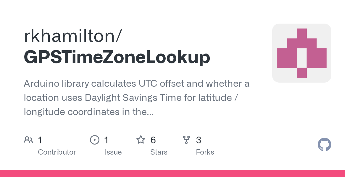 GitHub rkhamilton/GPSTimeZoneLookup Arduino library calculates UTC offset and whether a