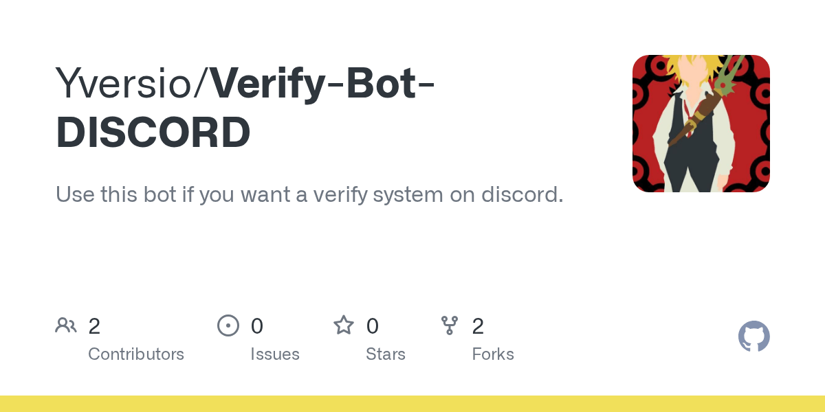 GitHub Yversio/VerifyBotDISCORD Use this bot if you want a verify system on discord.