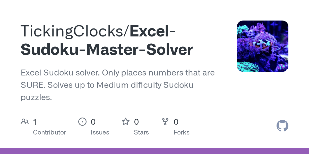 GitHub TickingClocks/ExcelSudokuMasterSolver Excel Sudoku solver