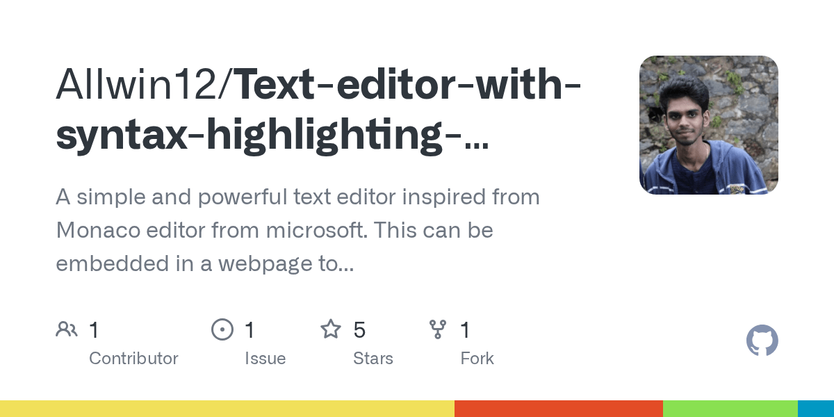 GitHub Allwin12/TexteditorwithsyntaxhighlightingusingHTMLandJavascript A simple and