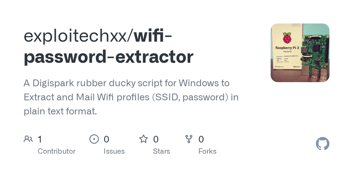 GitHub exploitechxx/wifipasswordextractor A Digispark rubber ducky script for Windows to