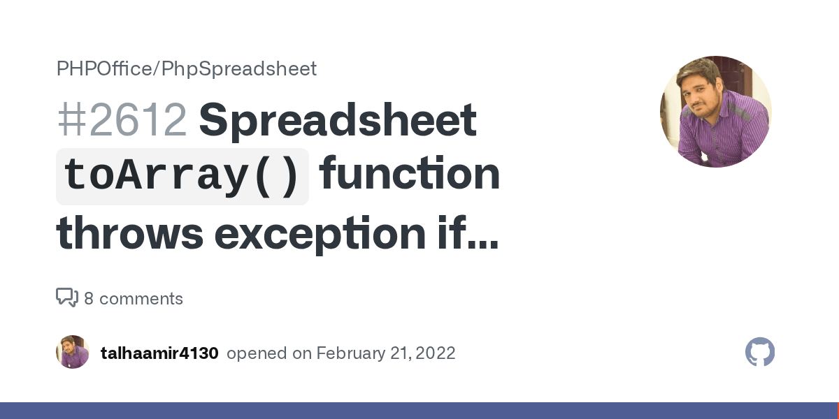 Spreadsheet `toArray()` function throws exception if refrence column