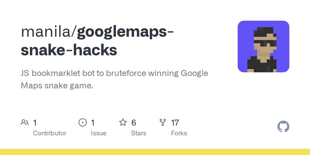 GitHub manila/googlemapssnakehacks JS bookmarklet bot to