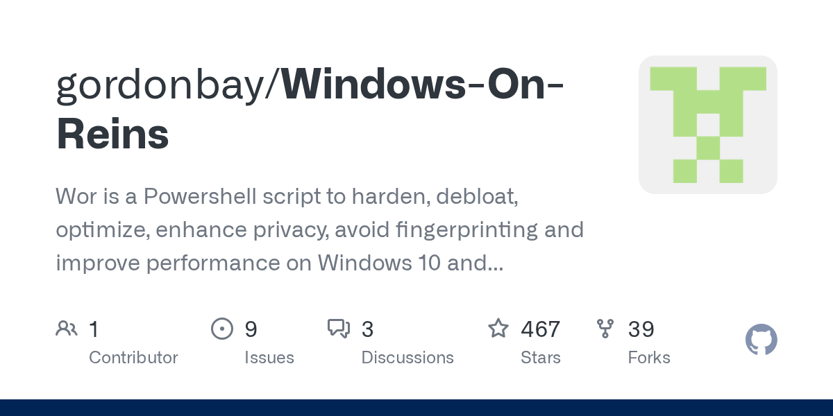 GitHub gordonbay/WindowsOnReins Wor is a Powershell script to