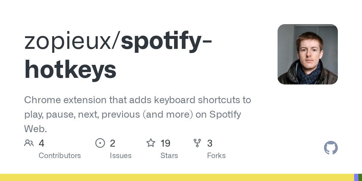GitHub zopieux/spotifyhotkeys Chrome extension that adds keyboard