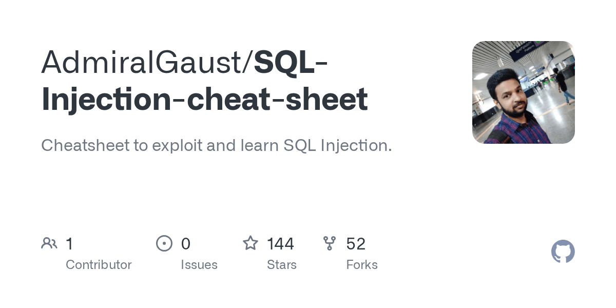 GitHub AdmiralGaust/SQLInjectioncheatsheet Cheatsheet to exploit
