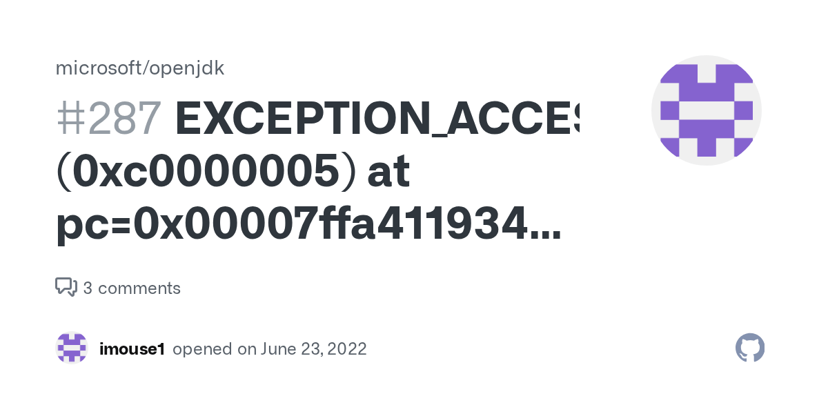 EXCEPTION_ACCESS_VIOLATION (0xc0000005) at pc=0x00007ffa41193416, pid=3576, tid=18088 · Issue