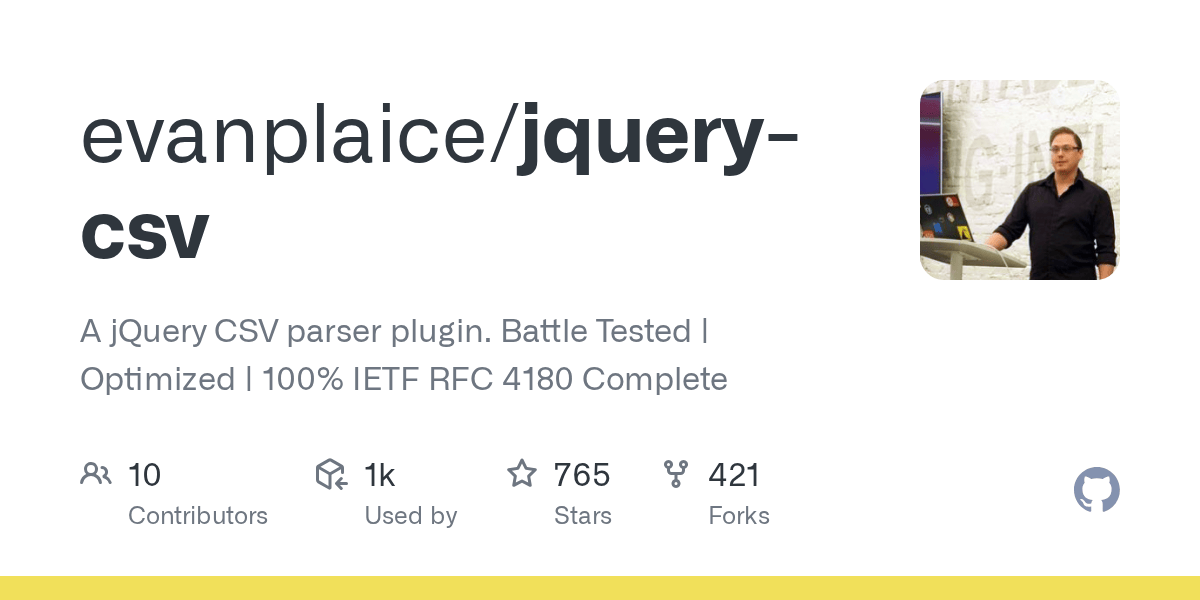 GitHub evanplaice/jquerycsv A jQuery CSV parser plugin