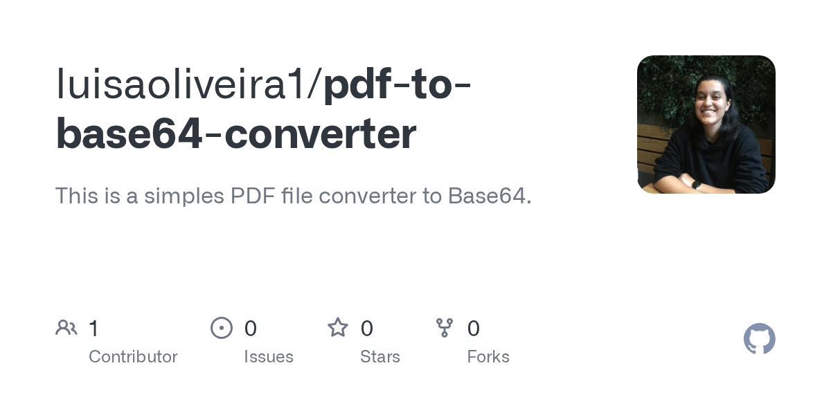 GitHub luisaoliveira1/pdftobase64converter This is a simples PDF