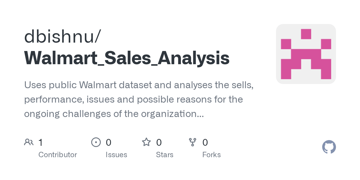 GitHub dbishnu/Walmart_Sales_Analysis Uses public Walmart dataset and analyses the sells